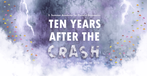 Werbebild mit dem Schriftzug Ten Years after The Crash vor grauem Hintergrund mit Blitzen und kleinen bunten Regnschirmen