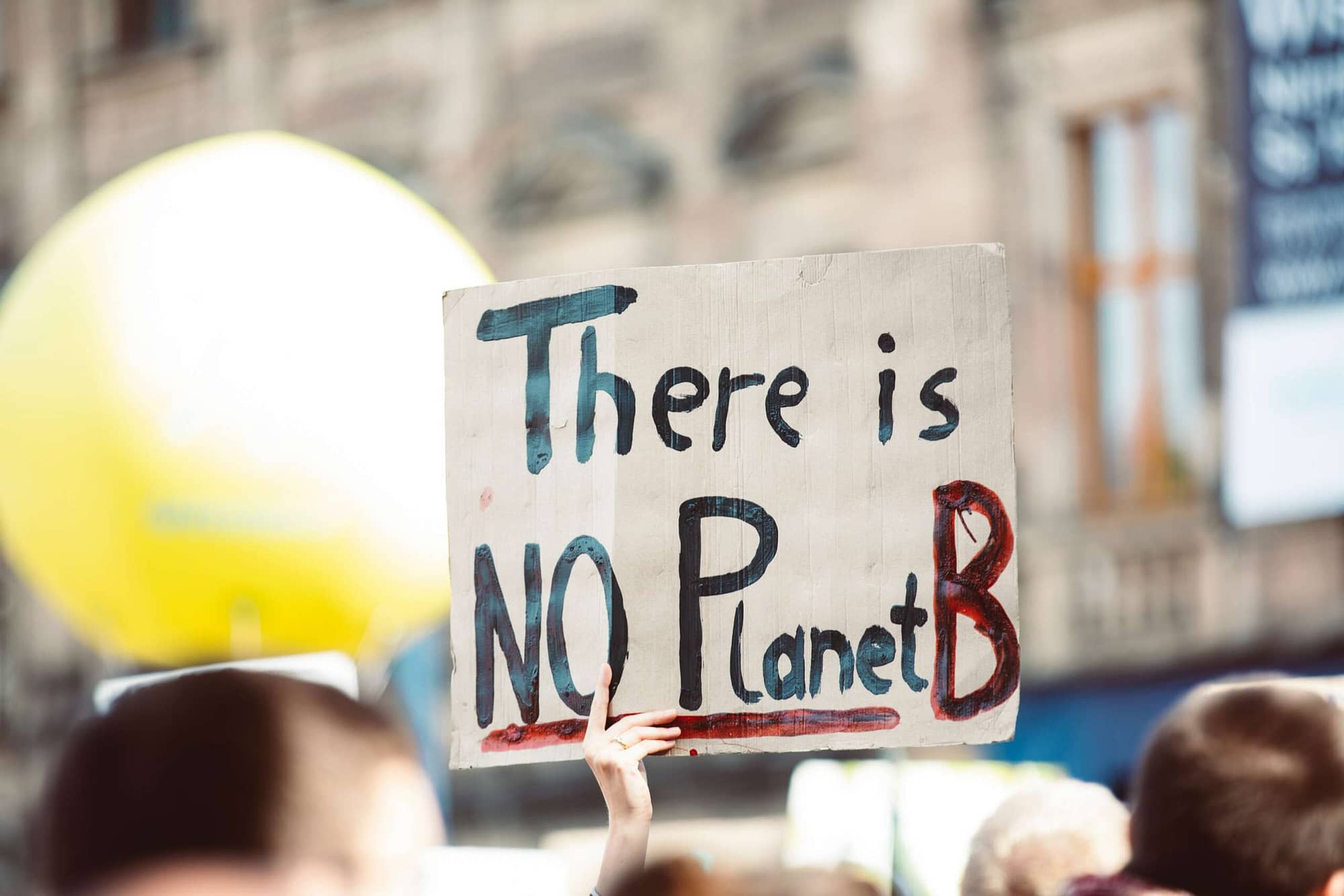 Demonstration, im Vordergrund ein Schild mit Aufschrift "There is NO planet B"