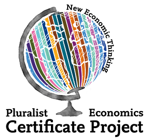 Logo des Pluralist Economics Certificate Project: Ein bunter Globus mit der Aufschrift New Economic Thinking