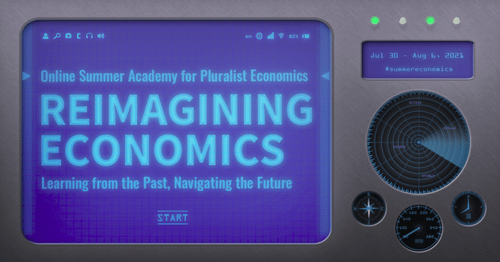 Share-Pic für die Sommerakademie für Plurale Ökonomi 2021: Schriftzug auf einem retro-futuristischen Monitor