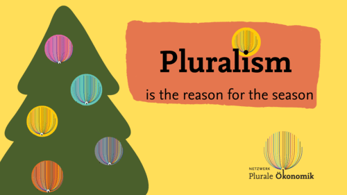 Ein Weihnachtsbaum mit Kugeln in Form des Netzwerk-Logos vor gelbem Hintergrund, Aufschrig "Pluralism is the reason for the season"