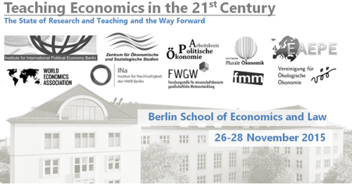 Flyer für die Veranstaltung "Teaching Economics in the 21st Century" mit Logos der Partnerorganisationen.