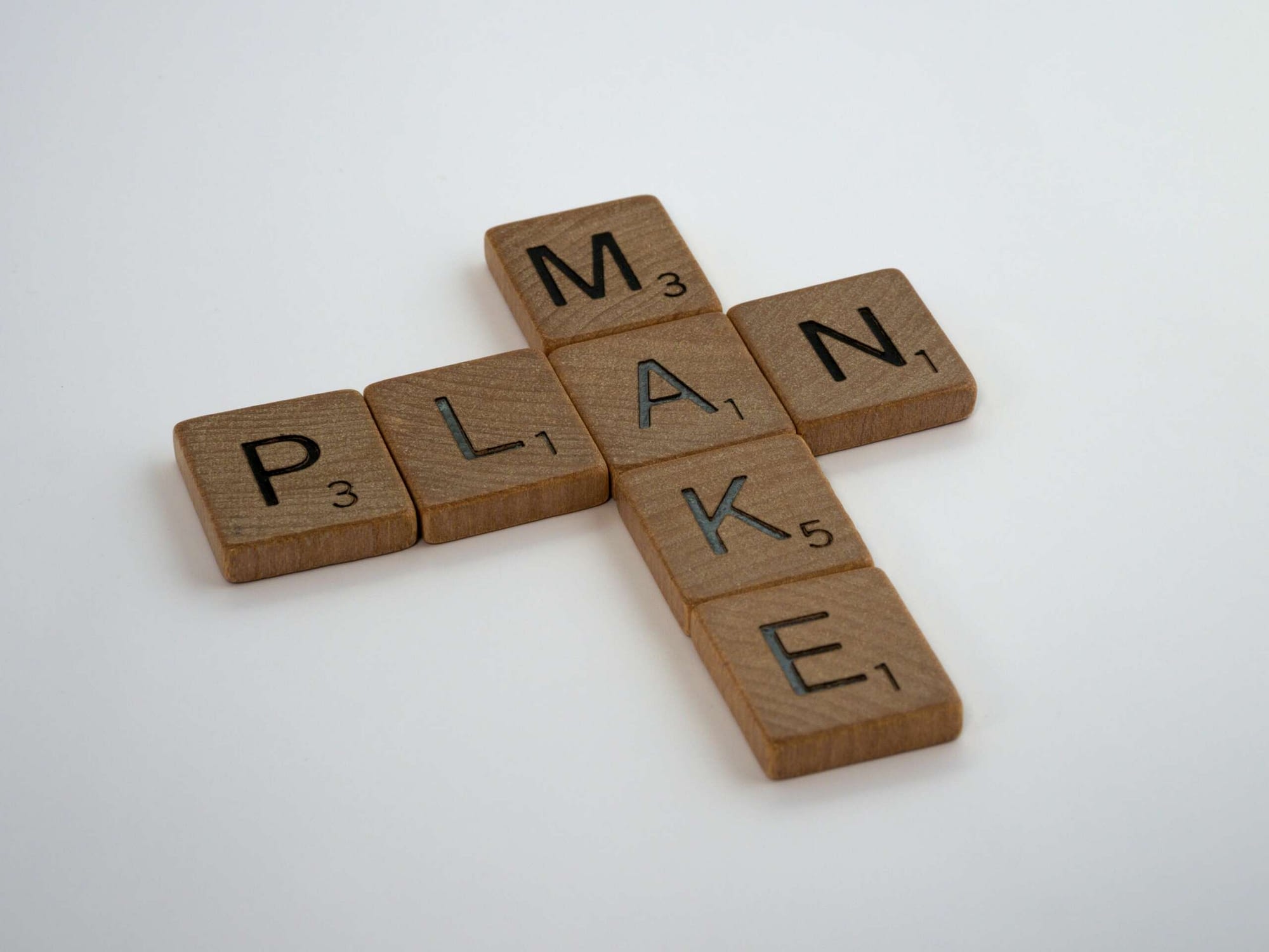 Plättchen mit Buchstaben auf denen "MAKE PLAN" steht
