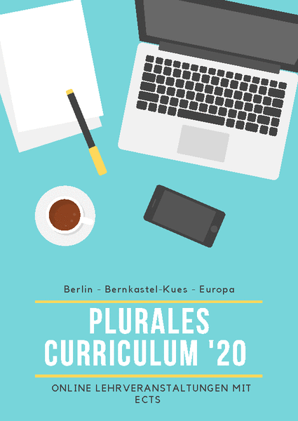 Deckblatt des Pluralen Curriculums 2020: Grafische Darstellung von Schreibtischutensilien vor blauem Hintergrund.