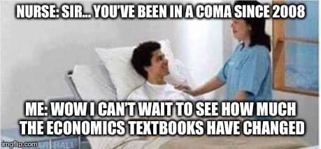 Meme: Ein Mann liegt in einem Krankenhausbett und wird von einer Krankenschwester angesprochen. Text: Nurse: Sir... You've been in a coma Since 2008. Me: Wow, I can't wait to see how much the economics textbooks have changed.