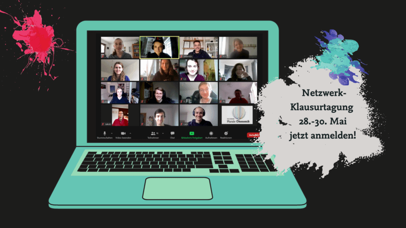 Einladung zur Netzwerk-Klausurtagung: Auf dem Bildschirm eines türkisen Laptops ist ein Zoom-Gruppenbild von Netzwerk-Mitgliedern