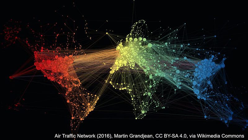 Schematische Darstellung der fünf Kontinente als Verbindungen aus Flugberkehr-Netzwerken, bunt eingefärbt.